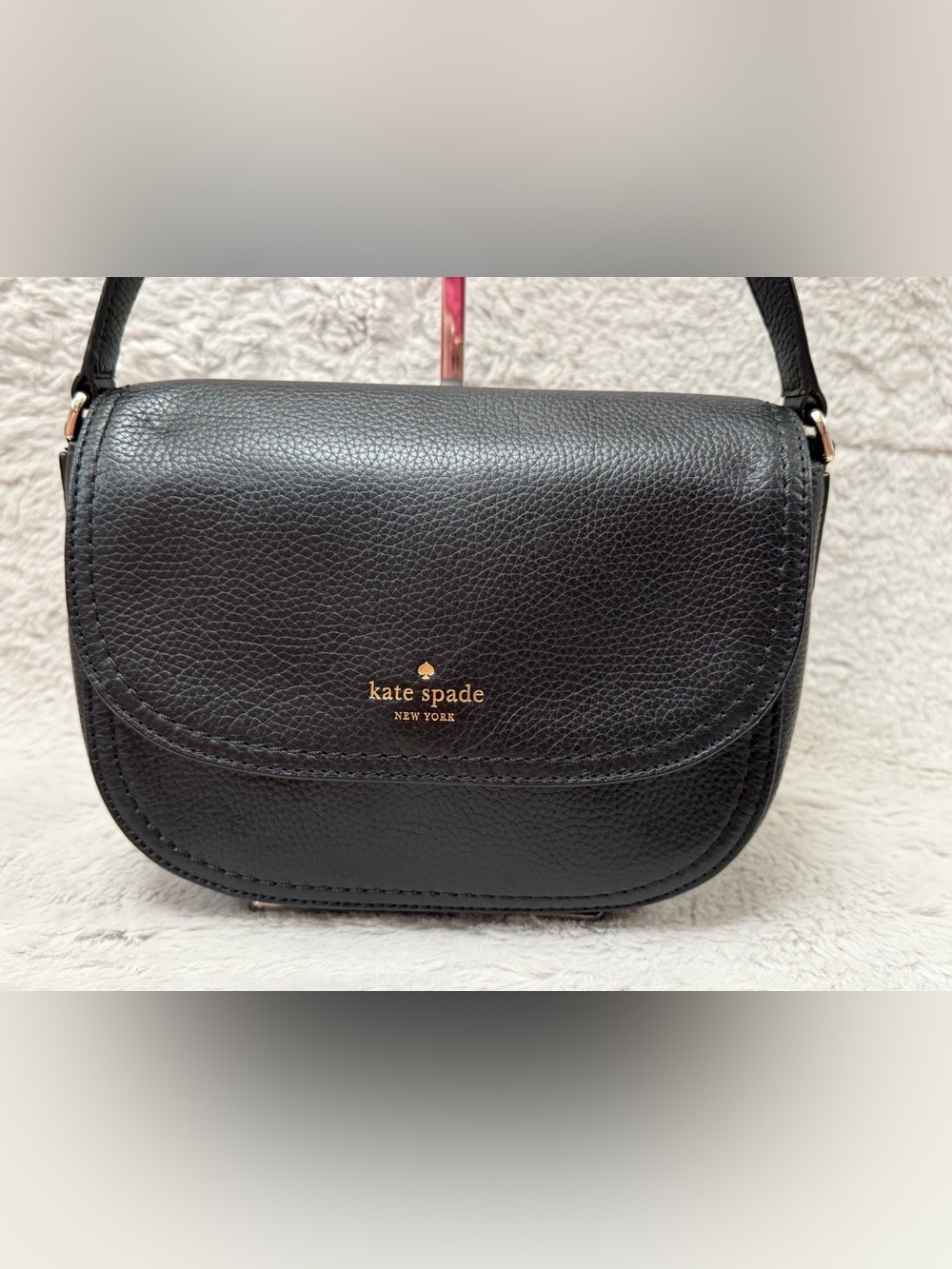 kate spade NY Black Pebbled Leather Flap Shoulder/Crossbody with Gold Logo